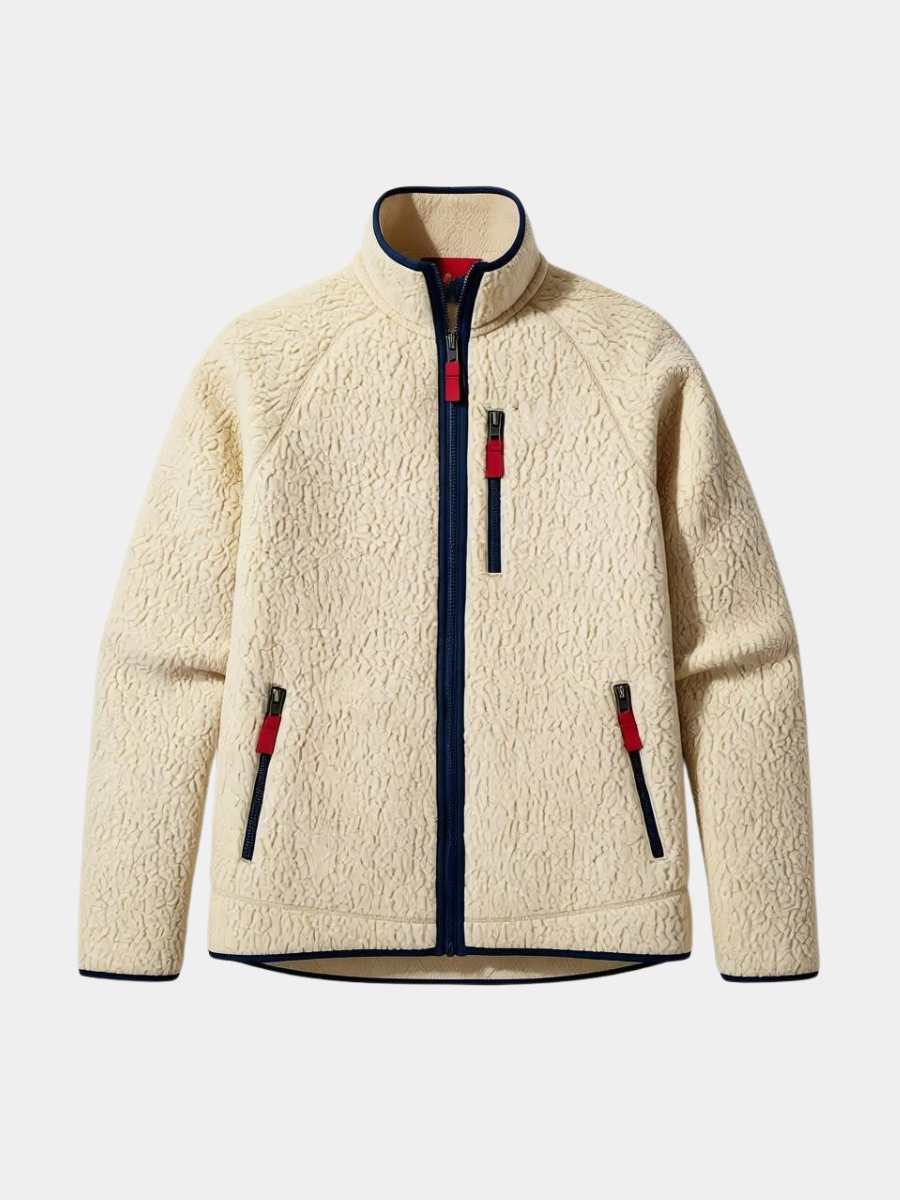 Men's Sherpa Fleece Jacket with High Collar and Front Zip Closure