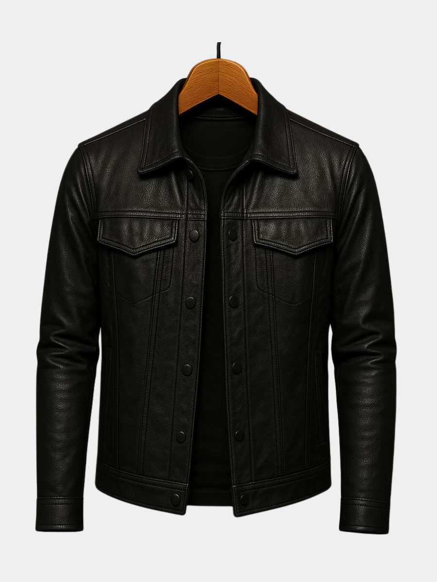 Men's Leather Jacket with Biker Style Protective Collar and Asymmetric Closure
