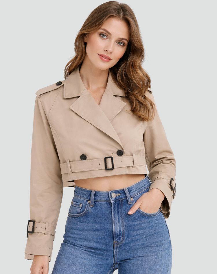 Women's Cropped Cotton Trench Coat with Regular Fit and Flattering Silhouette