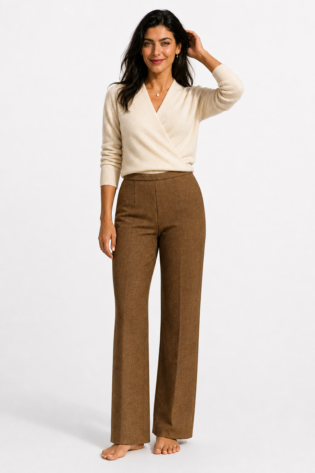 Women's V-Neck Cashmere Knit Sweater with Long Sleeves for Layering