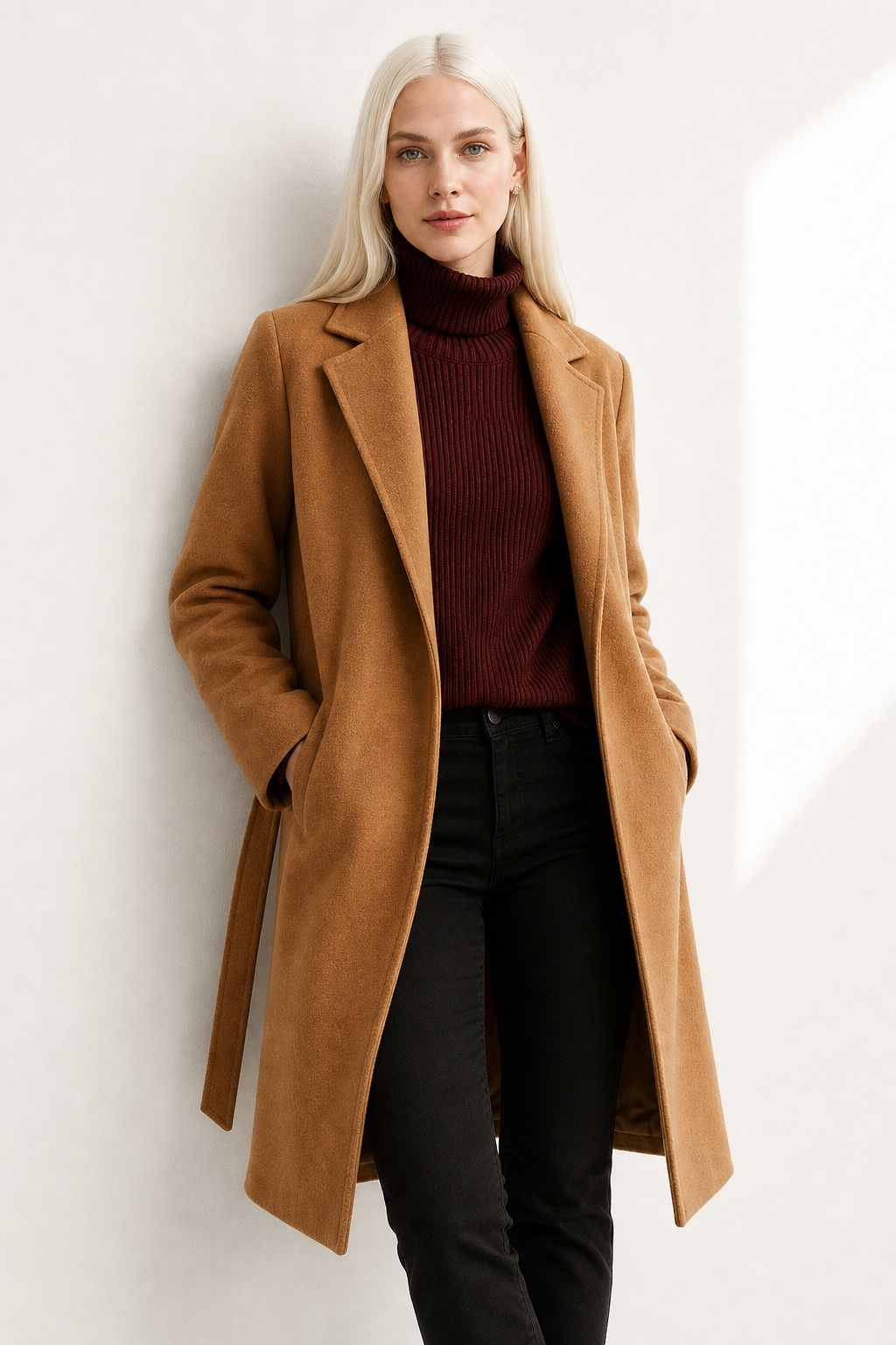 Women's Belted Wool Coat with Cinched Waist and Midi-Length Design