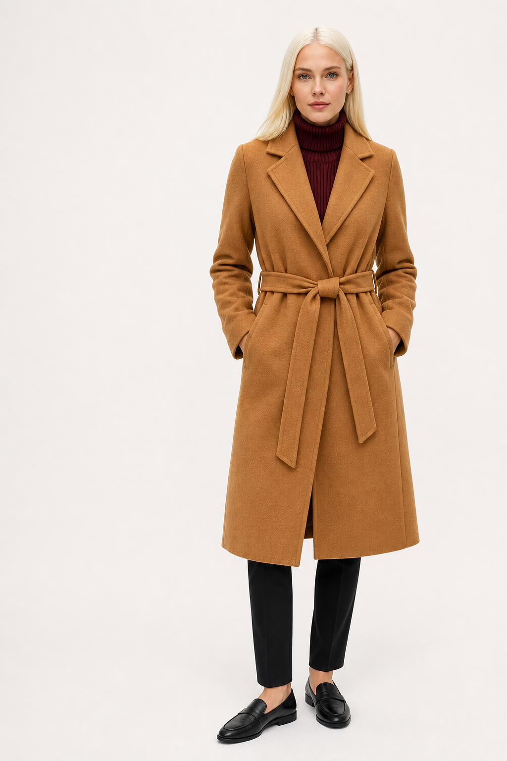 Women's Belted Wool Coat with Cinched Waist and Midi-Length Design