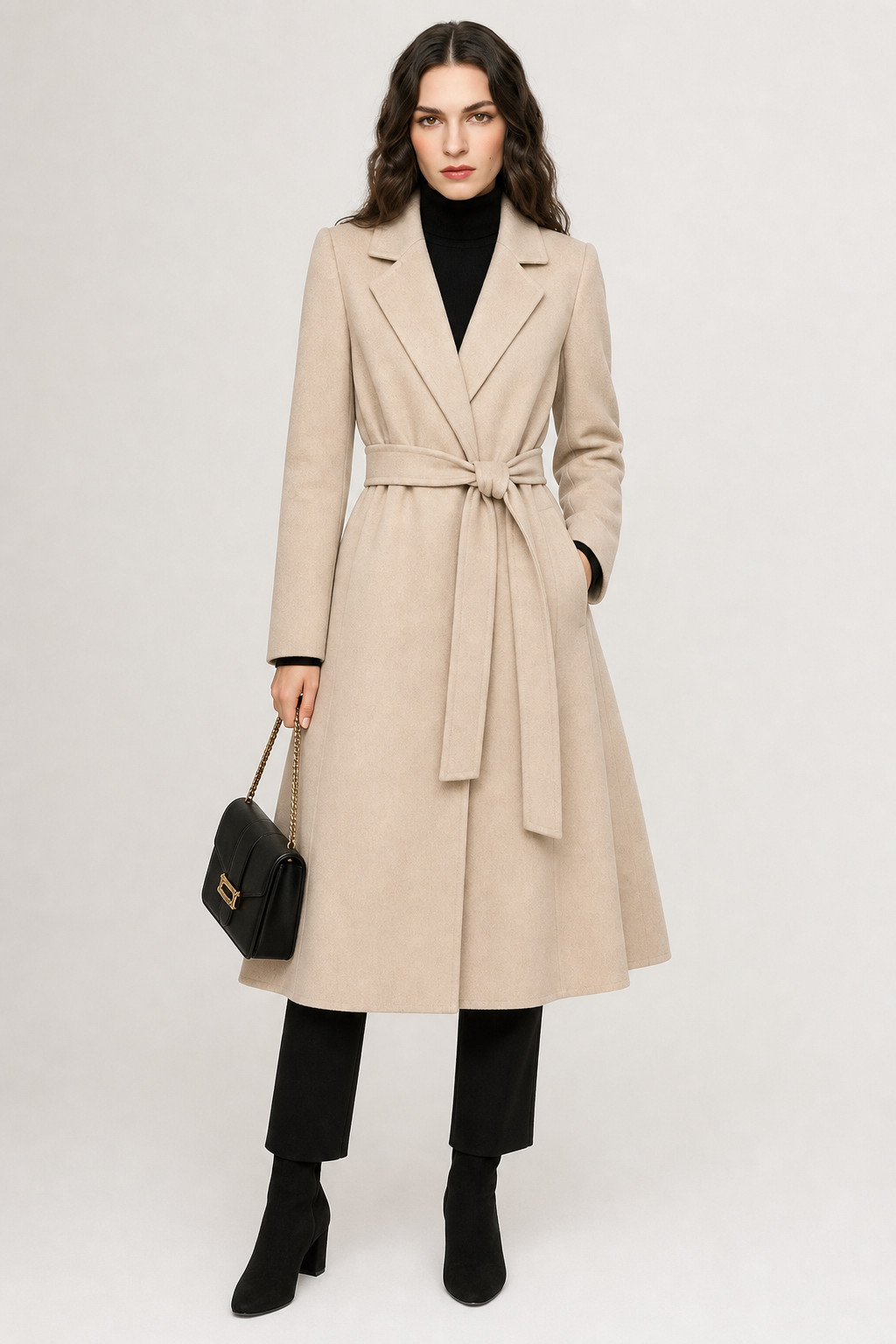 Women's Belted Wool Coat with Cinched Waist and Midi-Length Design