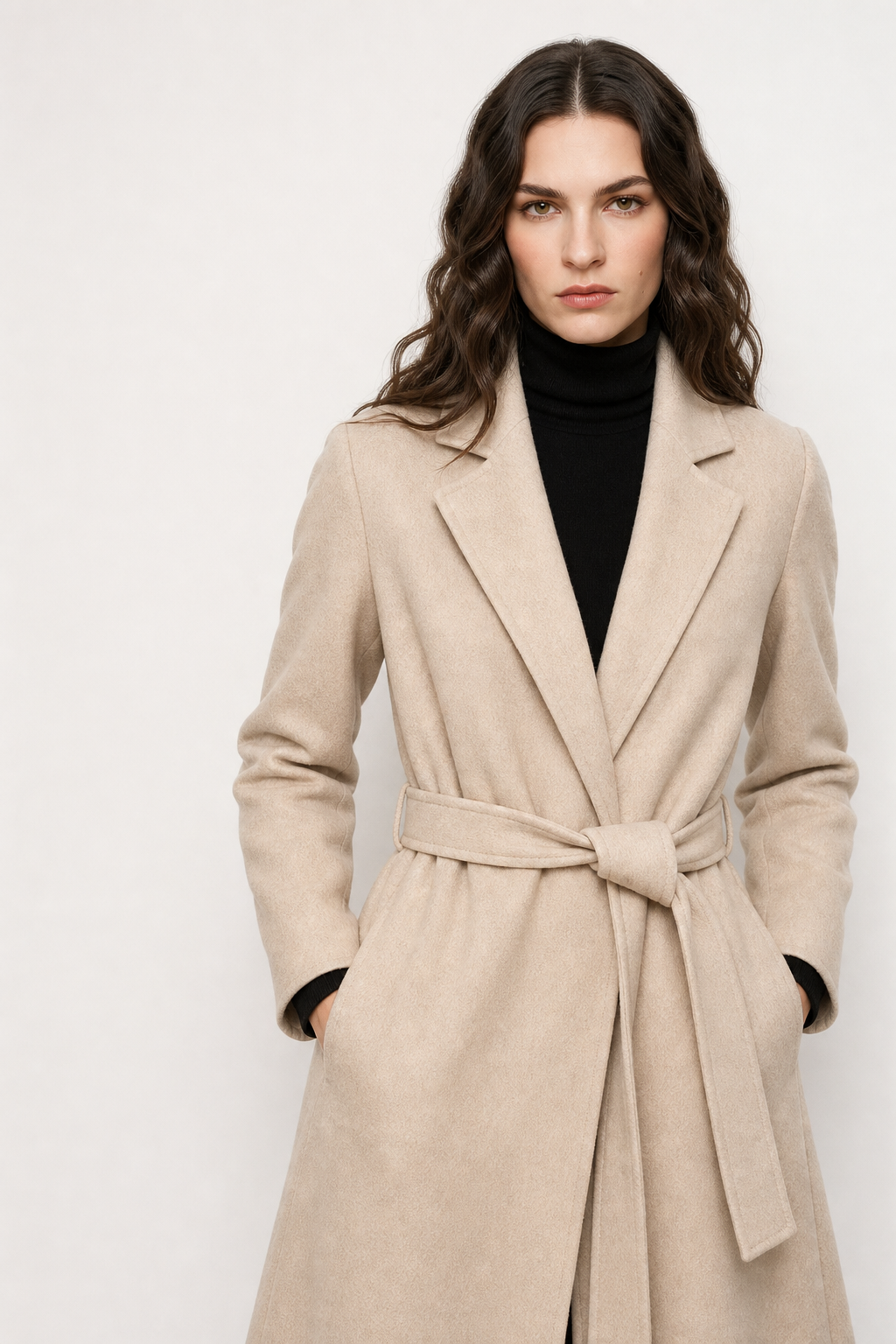 Women's Belted Wool Coat with Cinched Waist and Midi-Length Design