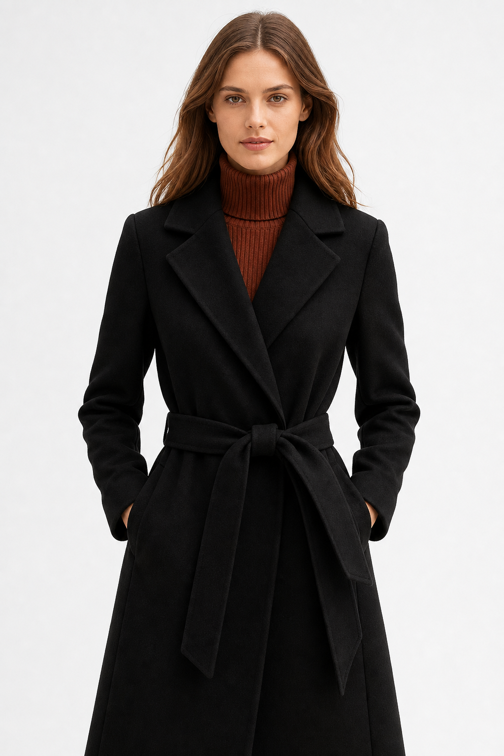 Women's Belted Wool Coat with Cinched Waist and Midi-Length Design