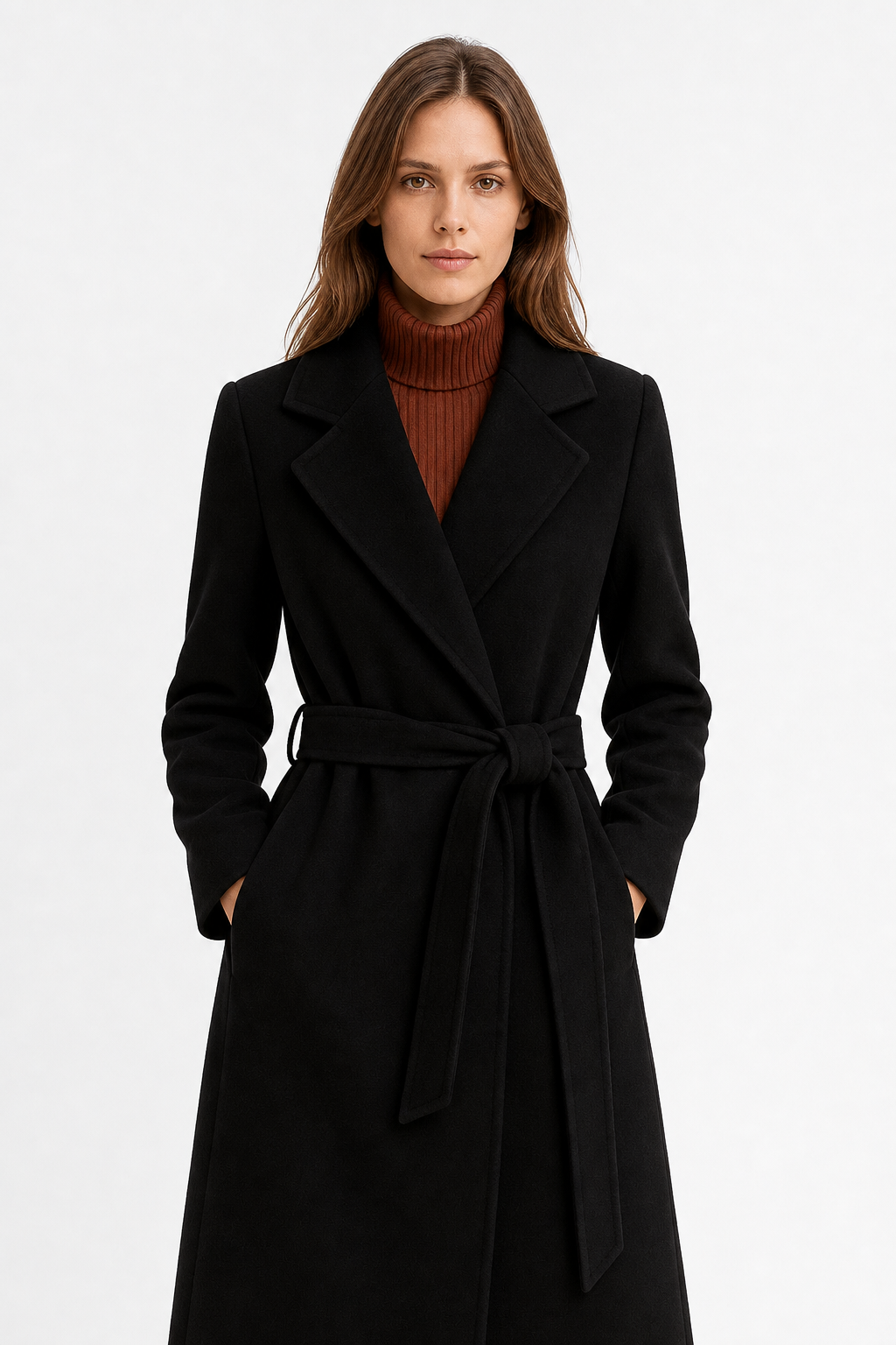 Women's Belted Wool Coat with Cinched Waist and Midi-Length Design
