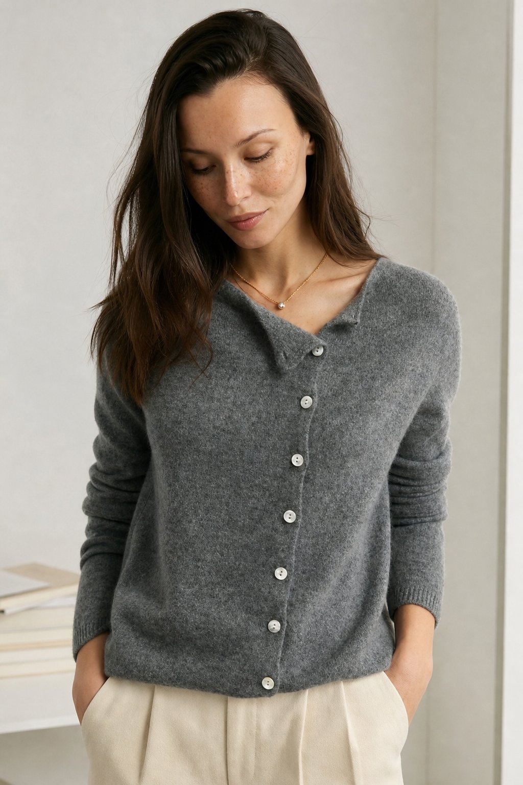 Women's Asymmetric Button Cashmere Blend Sweater with Long Sleeves