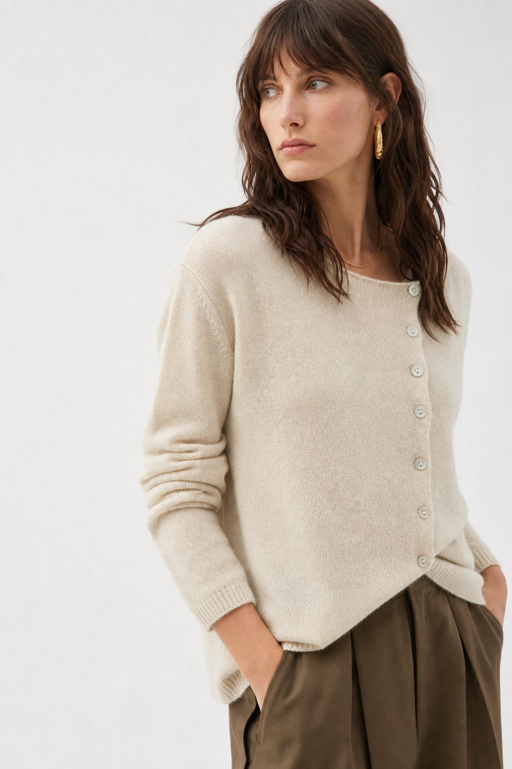Women's Asymmetric Button Cashmere Blend Sweater with Long Sleeves