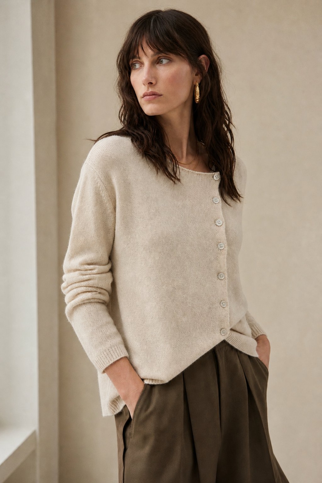 Women's Asymmetric Button Cashmere Blend Sweater with Long Sleeves