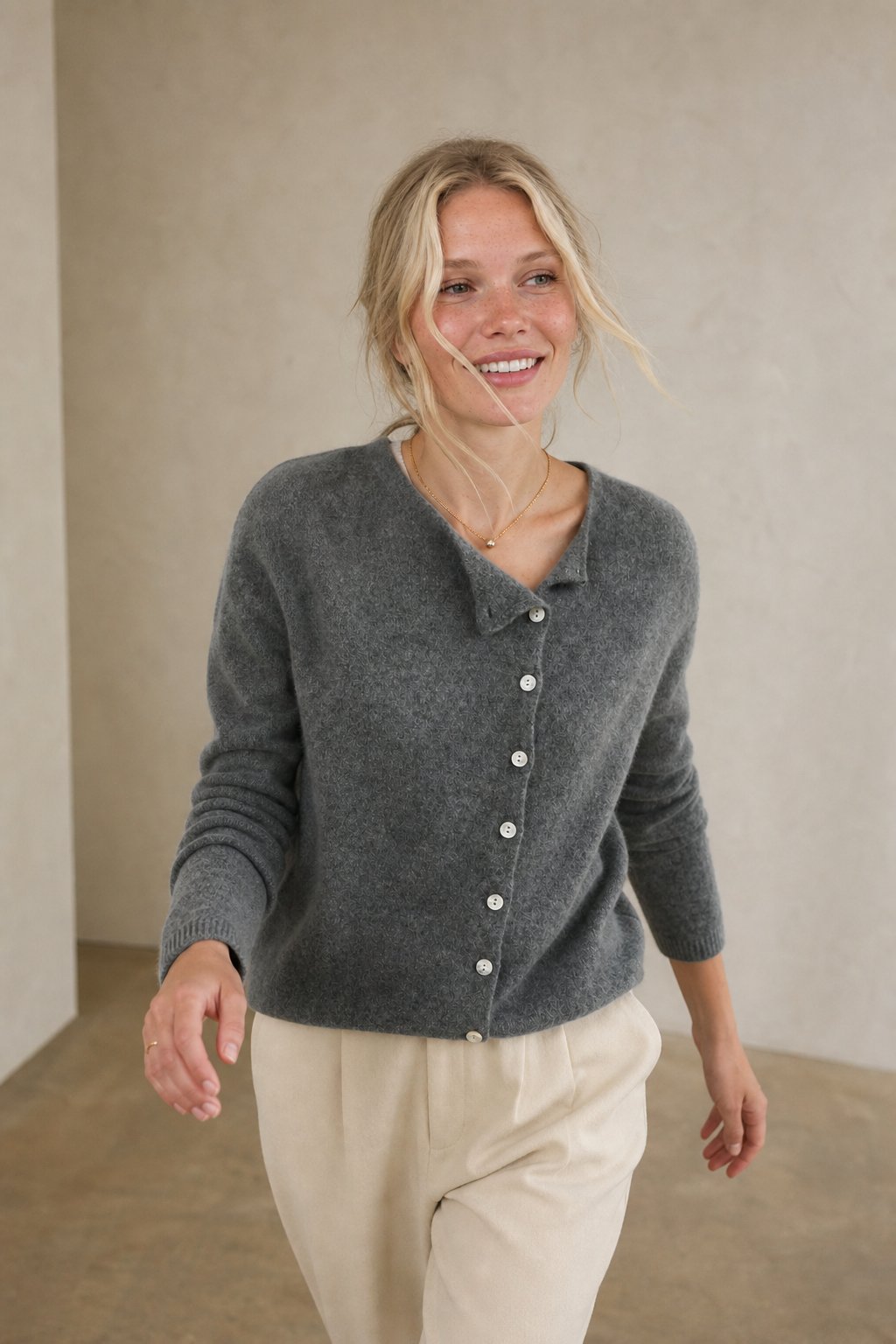 Women's Asymmetric Button Cashmere Blend Sweater with Long Sleeves