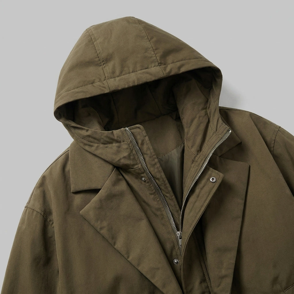 Men's Water Resistant Overcoat with Hood Full Zip and Adjustable Cuffs