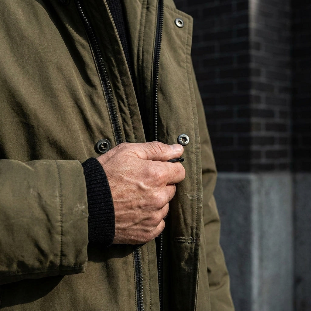 Men's Water Resistant Overcoat with Hood Full Zip and Adjustable Cuffs