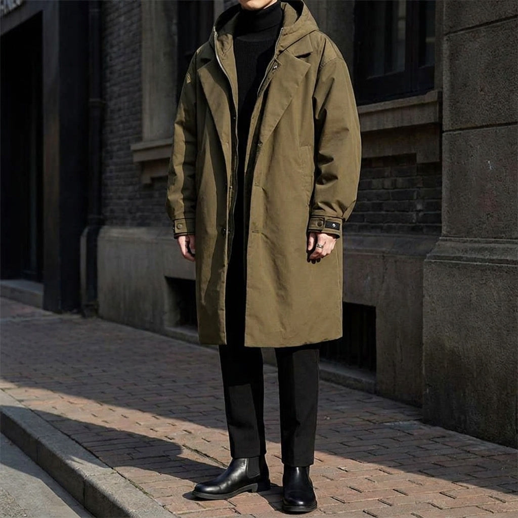 Men's Water Resistant Overcoat with Hood Full Zip and Adjustable Cuffs