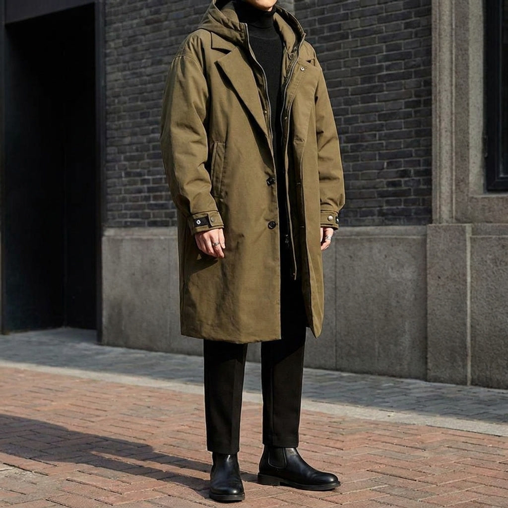 Men's Water Resistant Overcoat with Hood Full Zip and Adjustable Cuffs