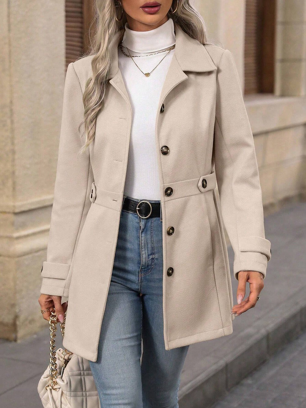 Women's Tailored Trench Coat with Adjustable Belt and Lapel Collar