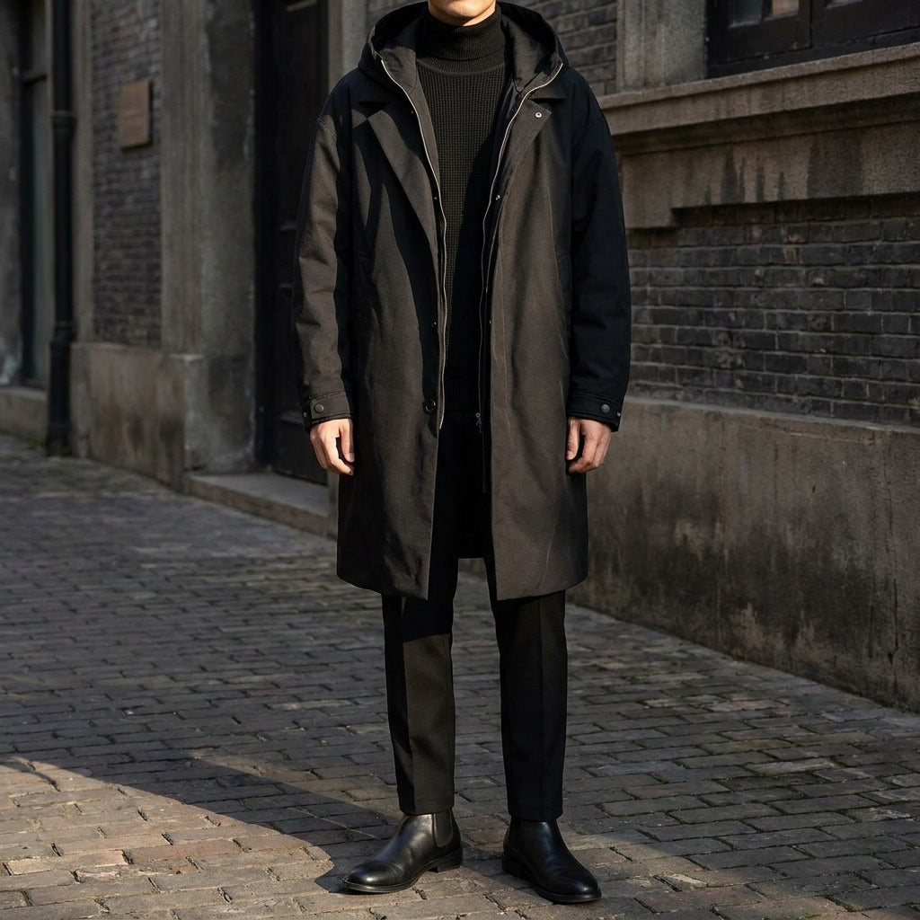 Men's Water Resistant Overcoat with Hood Full Zip and Adjustable Cuffs