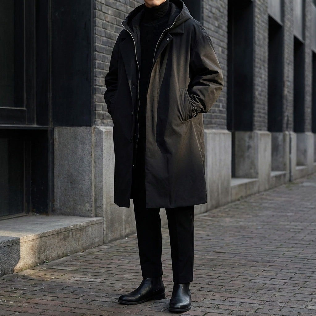 Men's Water Resistant Overcoat with Hood Full Zip and Adjustable Cuffs