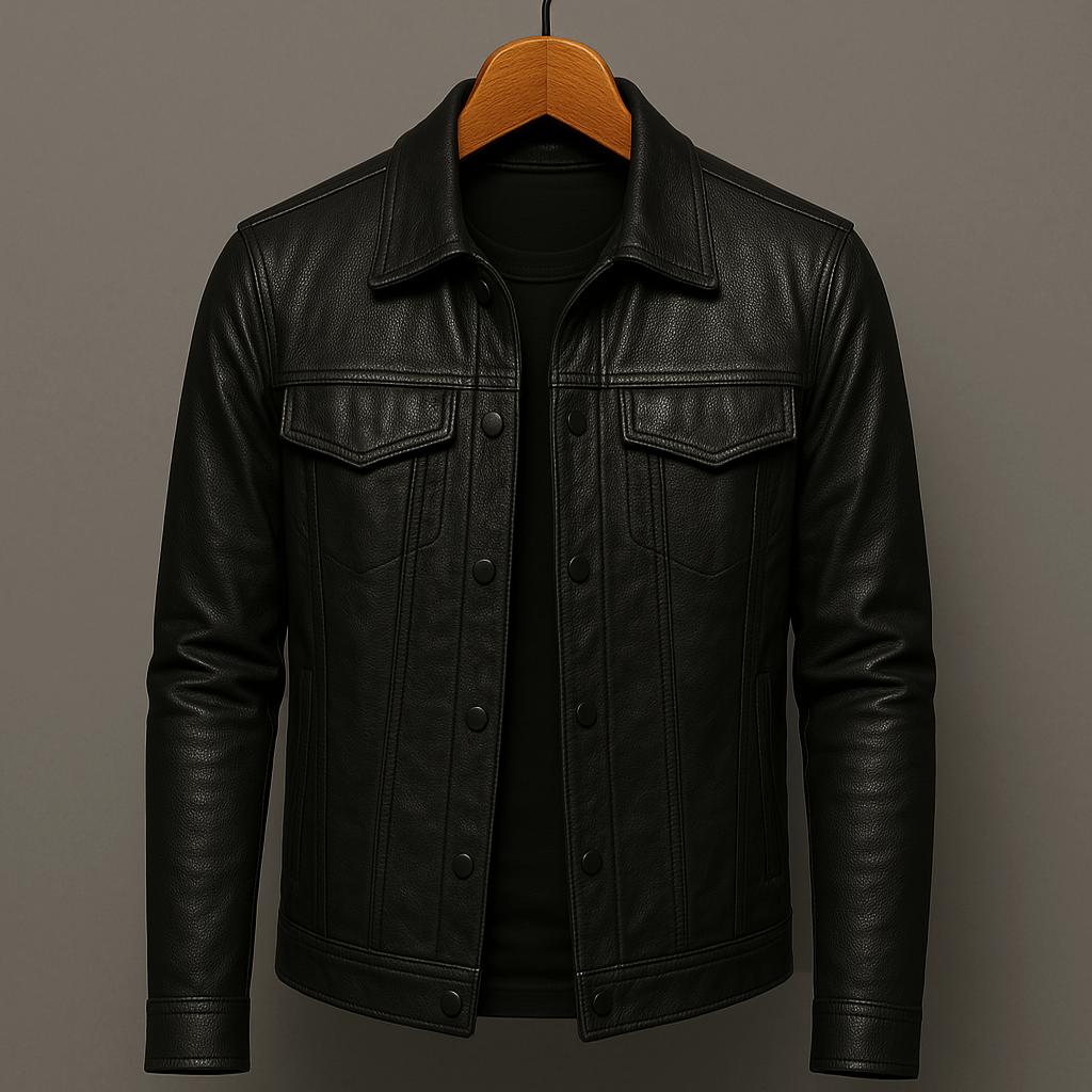 Men's Leather Jacket with Biker Style Protective Collar and Asymmetric Closure