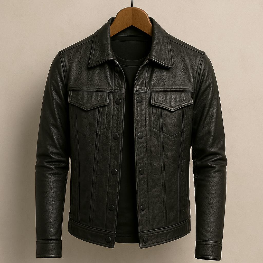 Men's Leather Jacket with Biker Style Protective Collar and Asymmetric Closure