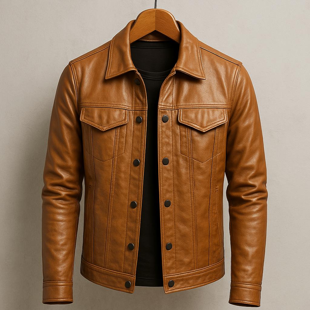 Men's Leather Jacket with Biker Style Protective Collar and Asymmetric Closure