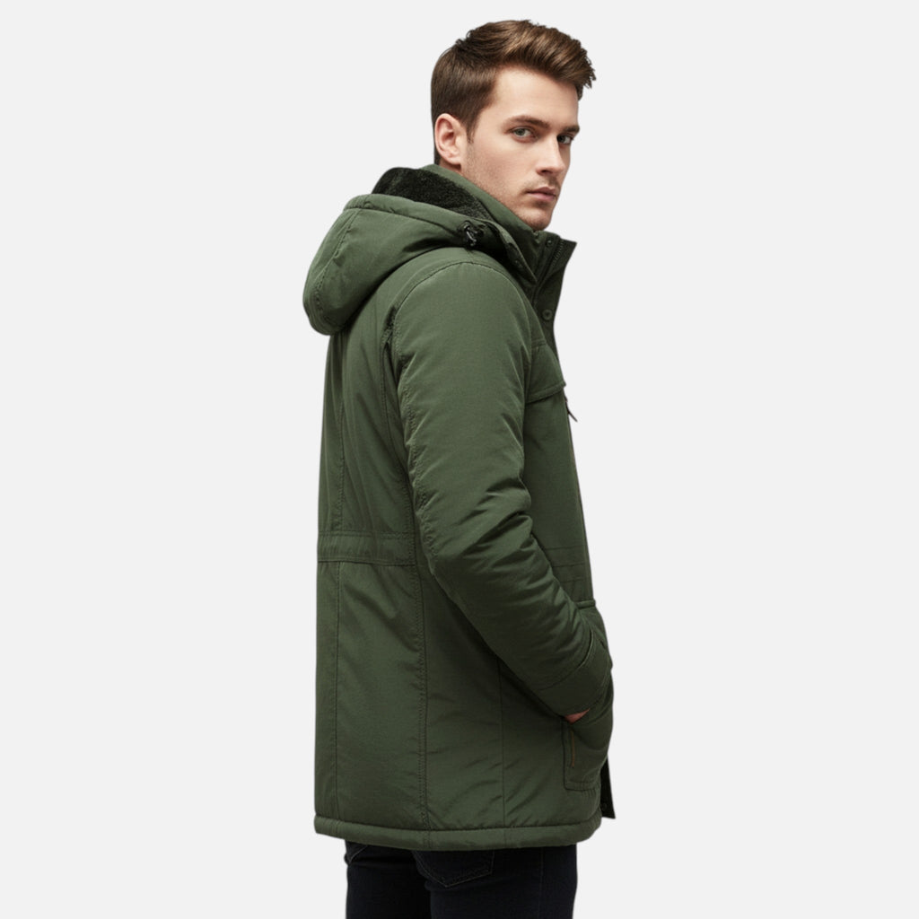 Men's Long Parka with Thick Fleece Lining Adjustable Hood and Robust Closure