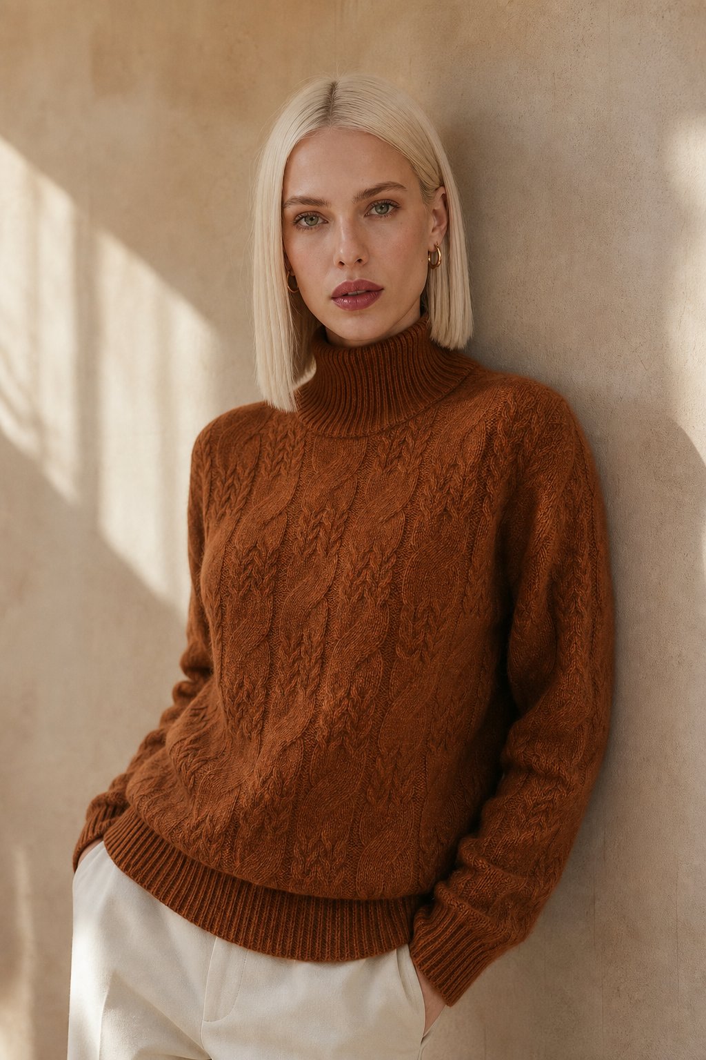 Women's Cable Knit Cashmere Blend Sweater with Half-High Collar