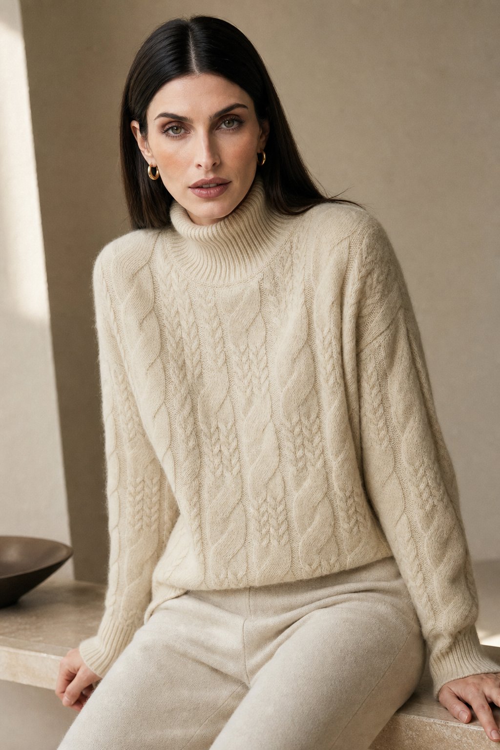 Women's Cable Knit Cashmere Blend Sweater with Half-High Collar