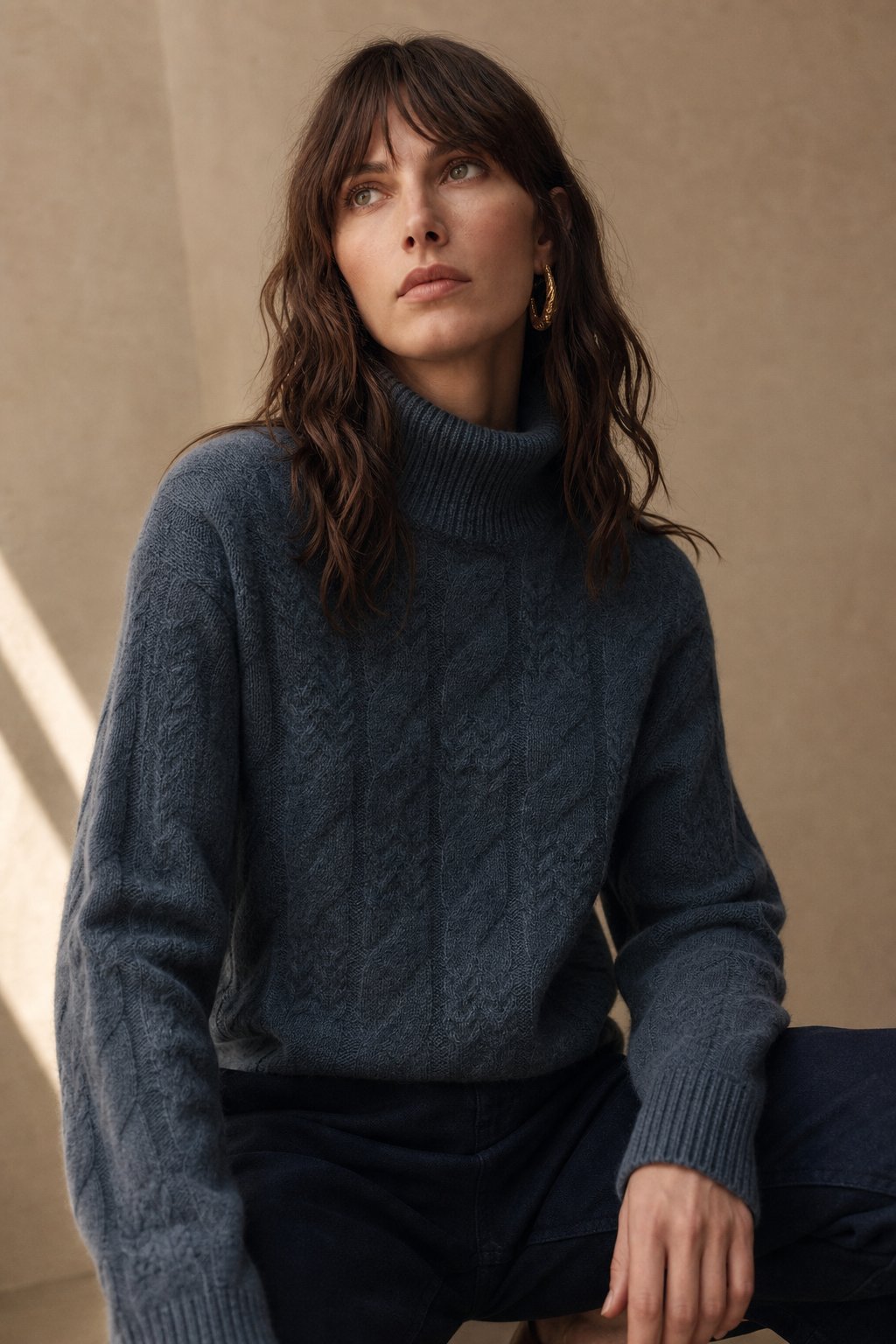 Women's Cable Knit Cashmere Blend Sweater with Half-High Collar