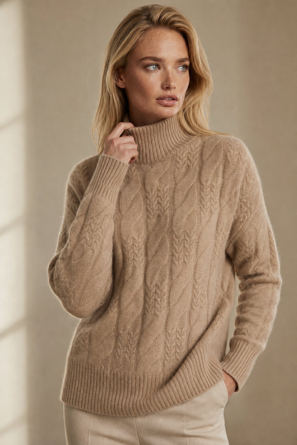 Women's Cable Knit Cashmere Blend Sweater with Half-High Collar