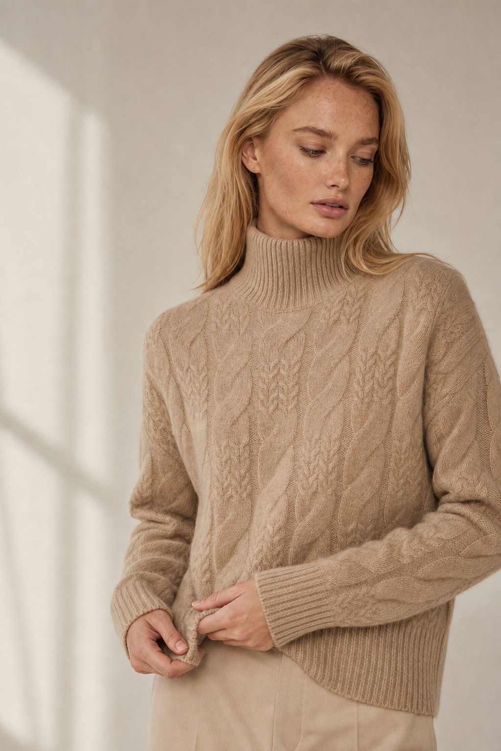 Kabelstrikket sweater til kvinder i kashmirblanding med halvhøj krave