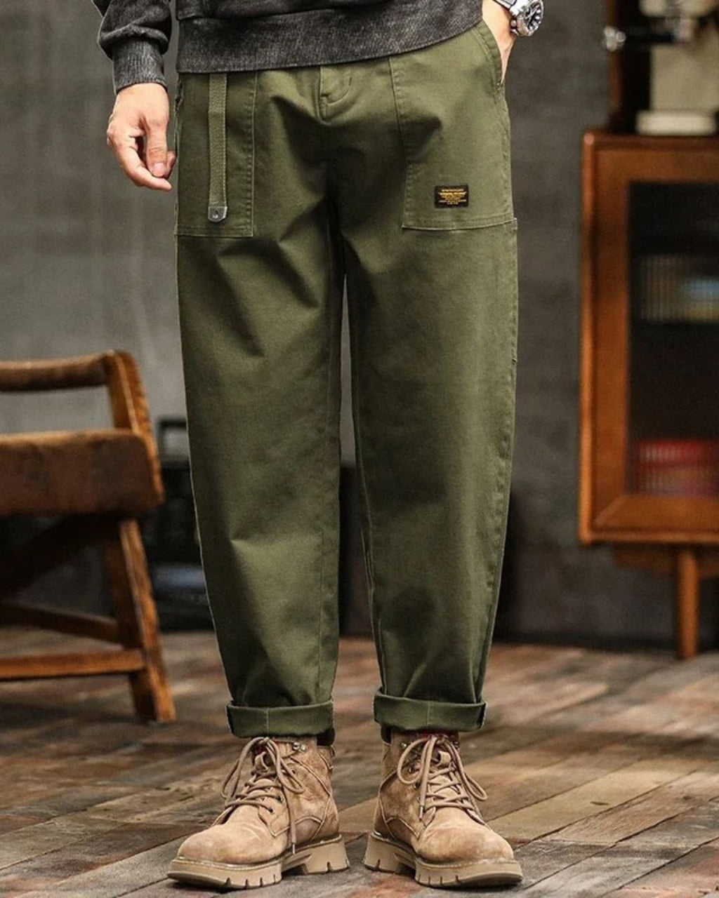 Men's Cargo Pants with Straight Leg Cut Flap Pockets and Vintage Finish