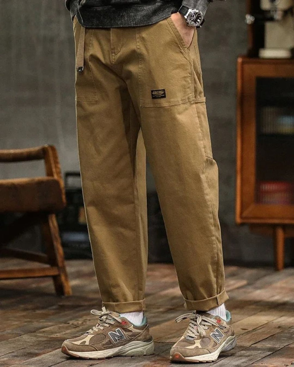 Men's Cargo Pants with Straight Leg Cut Flap Pockets and Vintage Finish