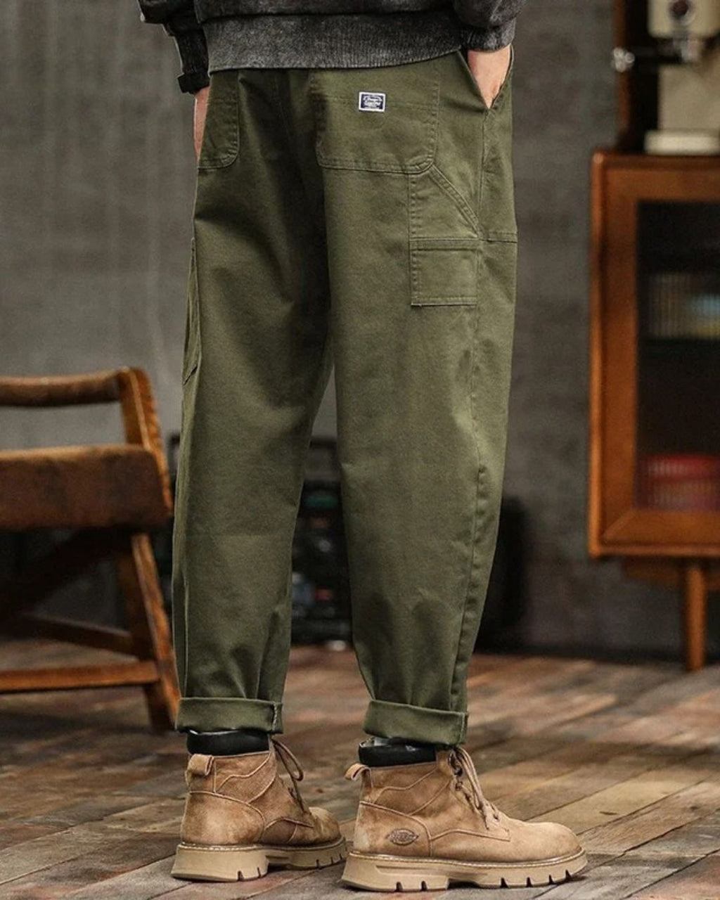 Men's Cargo Pants with Straight Leg Cut Flap Pockets and Vintage Finish