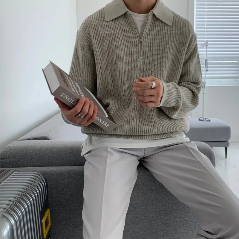 Men's Classic Knit Zip Sweater with Loose Relaxed Fit and Timeless Collar