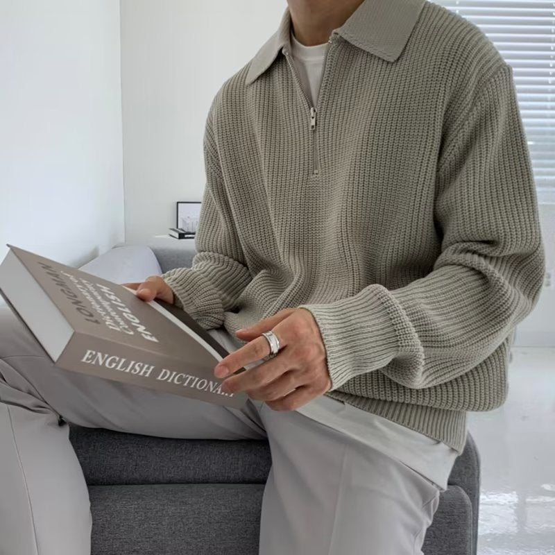 Men's Classic Knit Zip Sweater with Loose Relaxed Fit and Timeless Collar