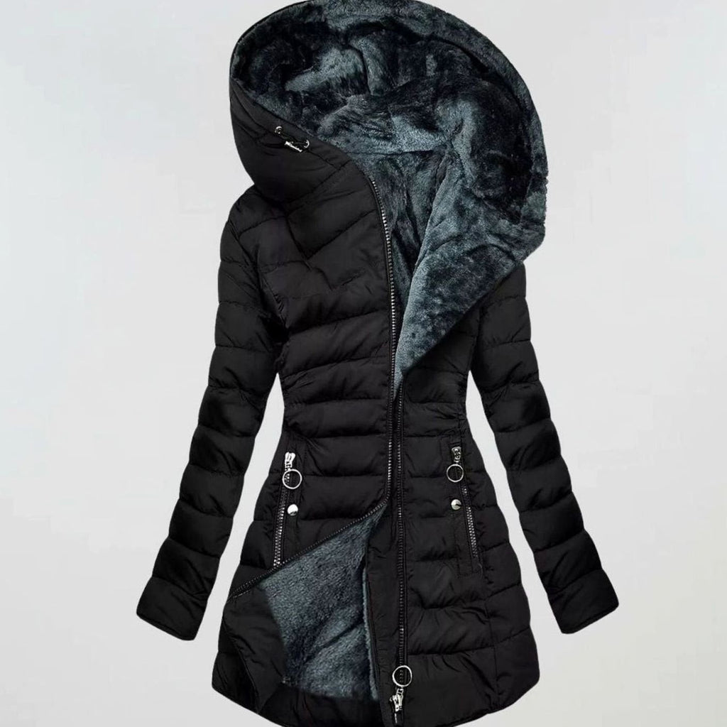 Women's Long Puffer Jacket with Hood Waterproof Shell and Faux Fur Lining