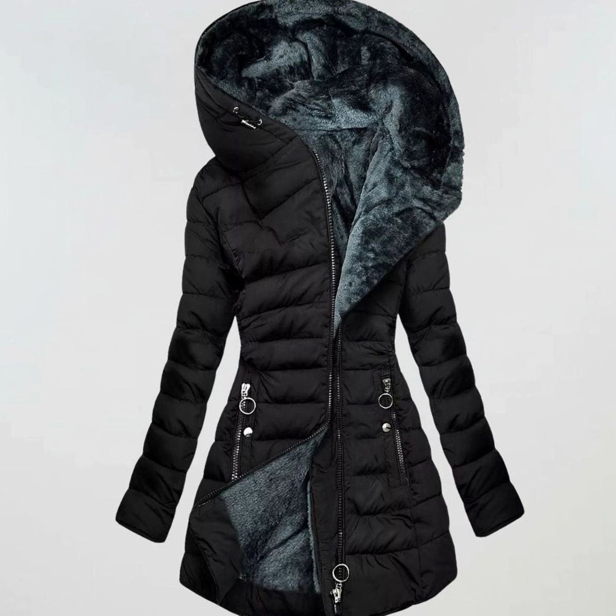 Women's Long Puffer Jacket with Hood Waterproof Shell and Faux Fur Lining