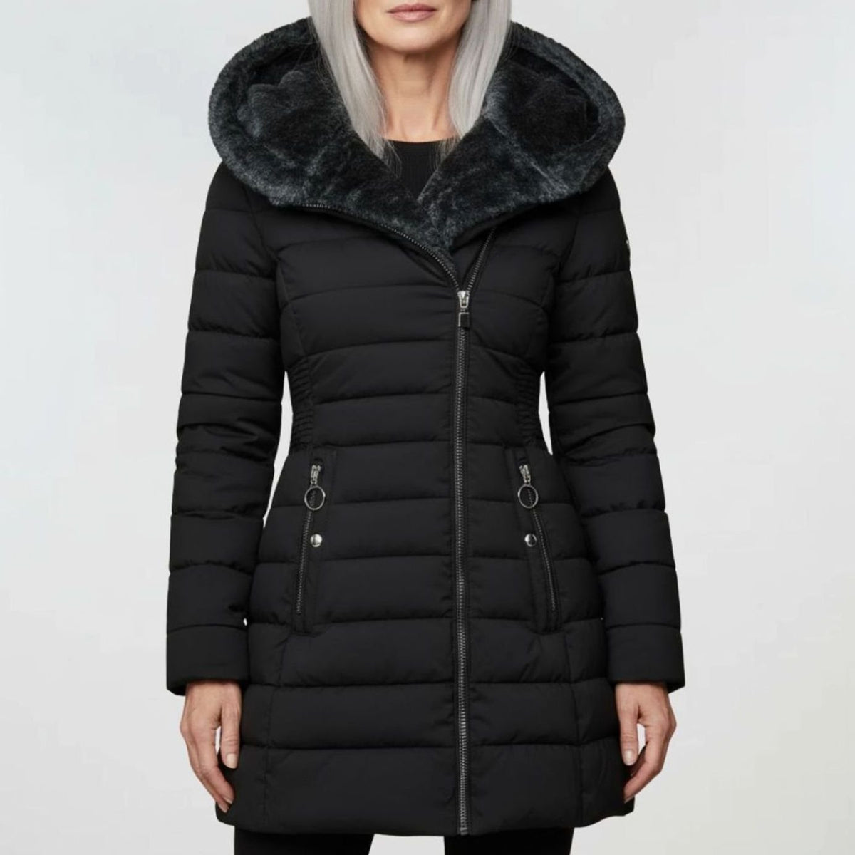 Women's Long Puffer Jacket with Hood Waterproof Shell and Faux Fur Lining