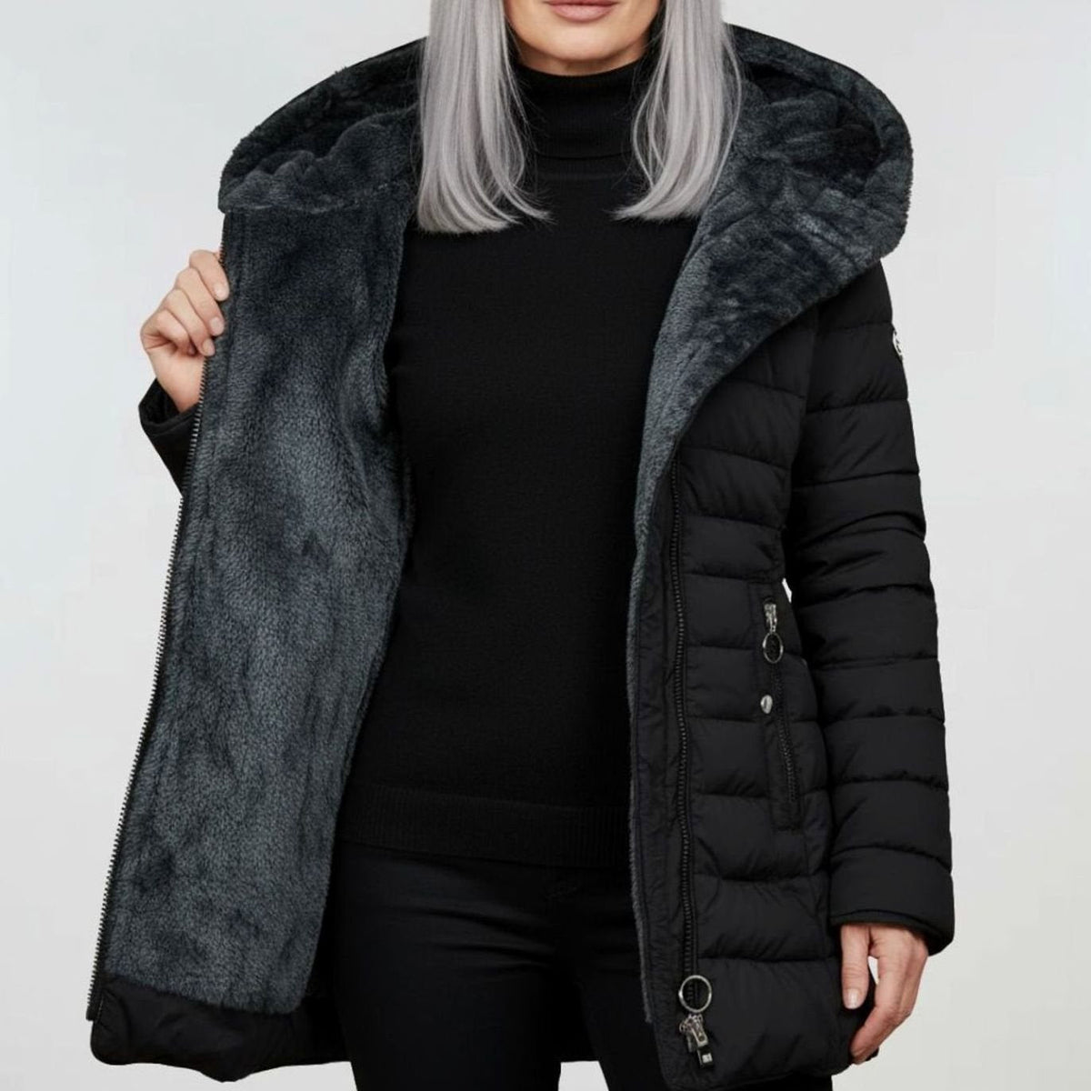 Women's Long Puffer Jacket with Hood Waterproof Shell and Faux Fur Lining