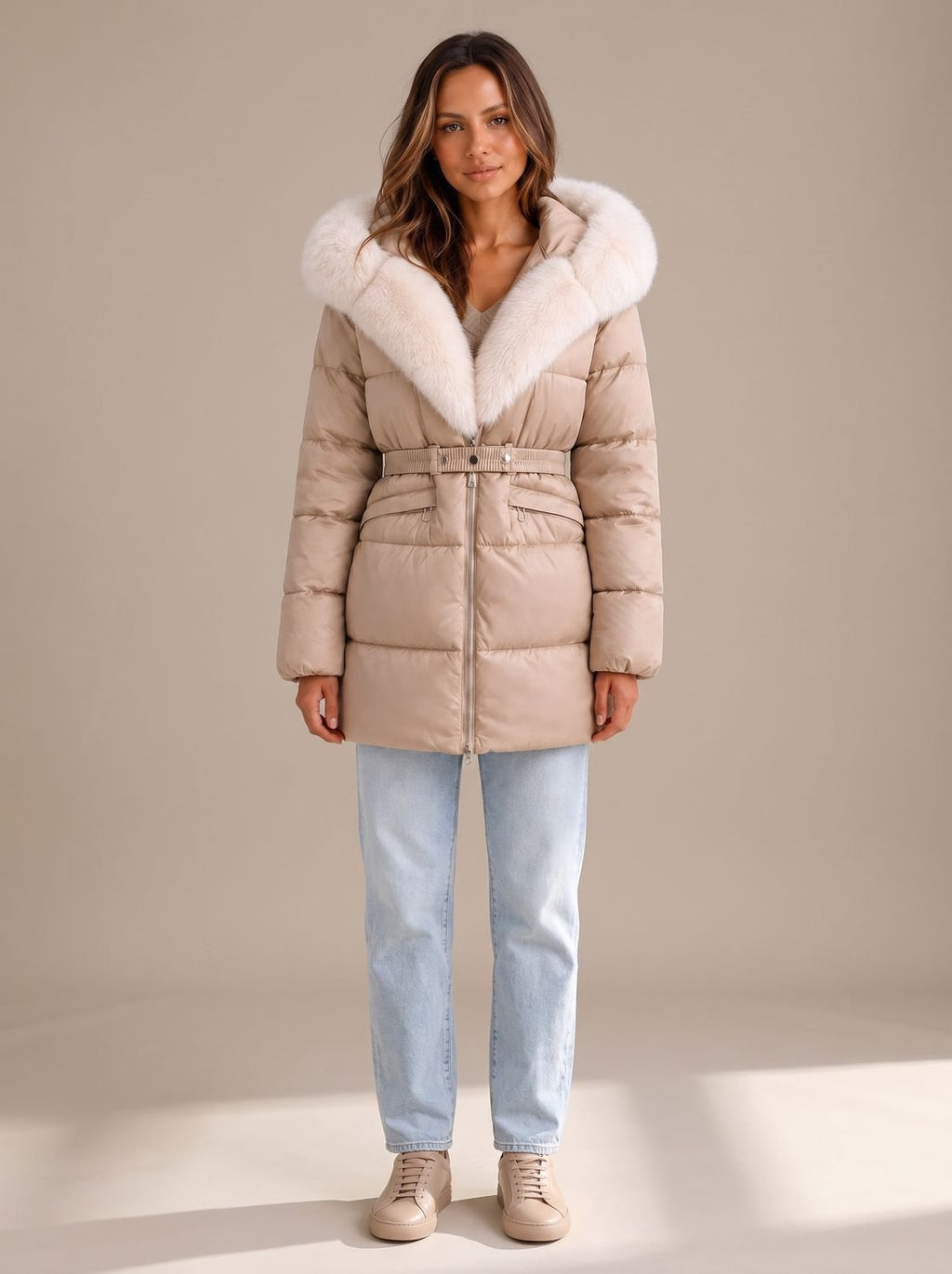 Women's Quilted Jacket with Faux Fur Trim Waist Belt and Front Zip Closure