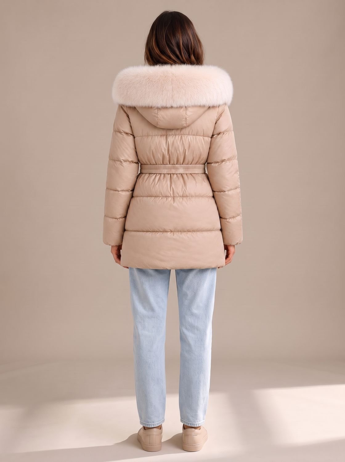 Women's Quilted Jacket with Faux Fur Trim Waist Belt and Front Zip Closure
