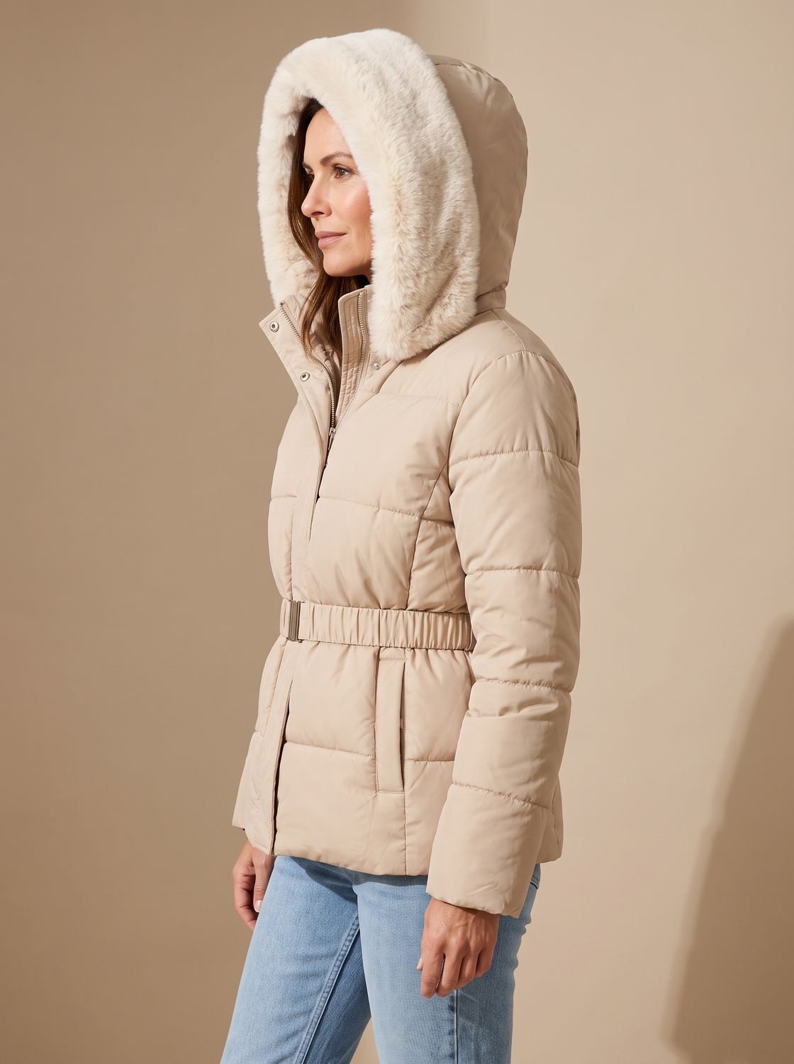 Women's Quilted Jacket with Faux Fur Trim Waist Belt and Front Zip Closure