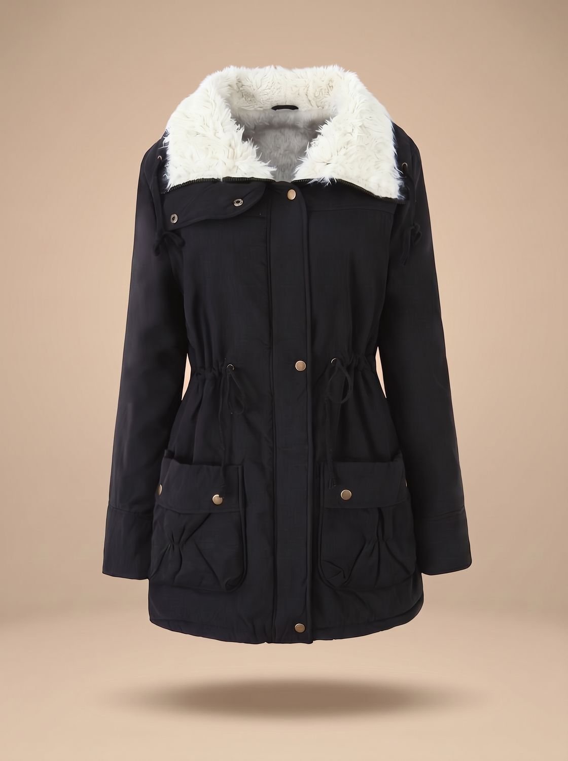 Women's Parka with Faux Fur Collar Drawstring Waist and Zip Button Closure