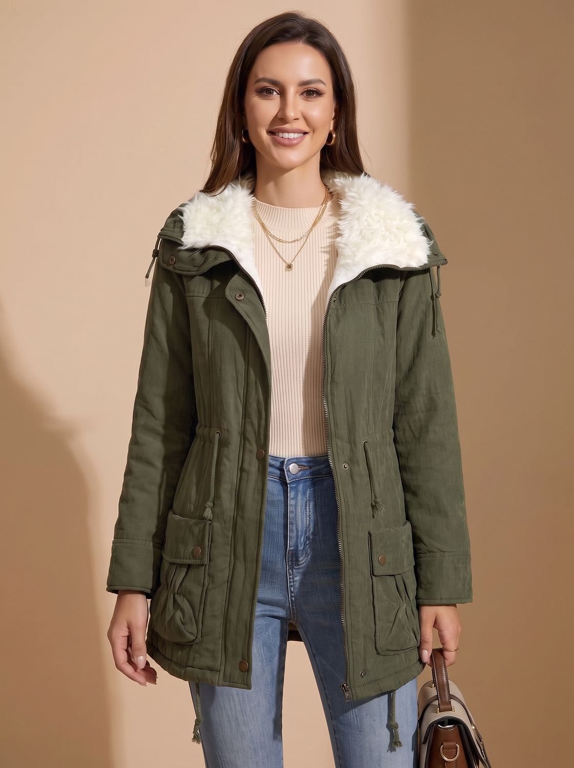 Women's Parka with Faux Fur Collar Drawstring Waist and Zip Button Closure