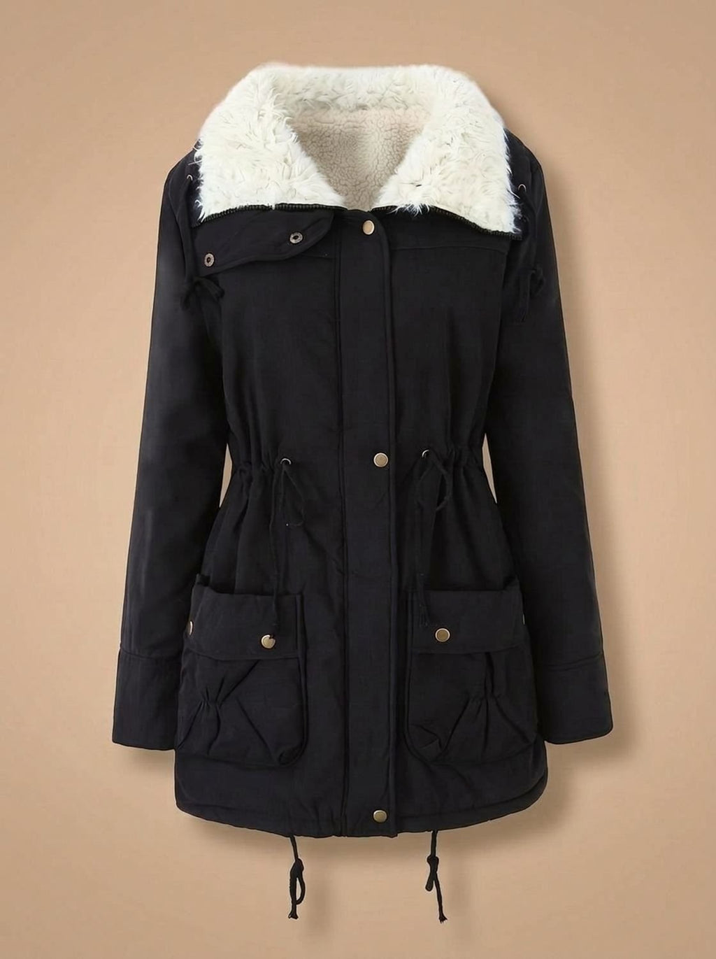 Women's Parka with Faux Fur Collar Drawstring Waist and Zip Button Closure