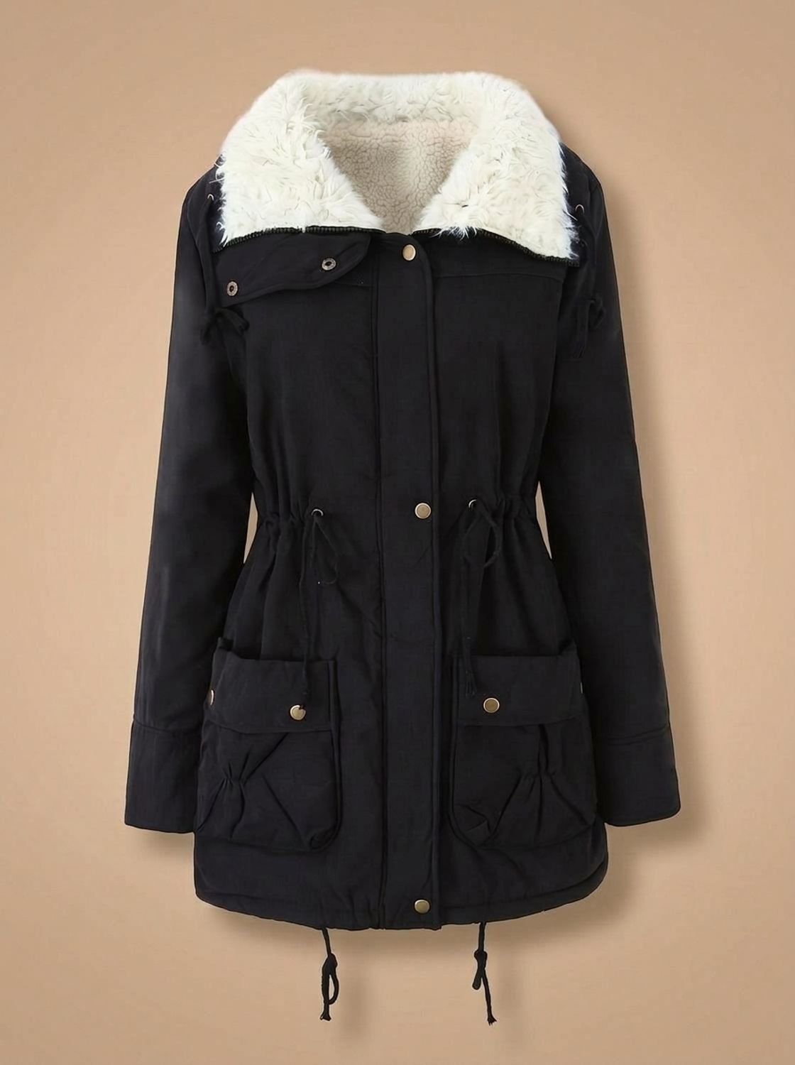 Women's Parka with Faux Fur Collar Drawstring Waist and Zip Button Closure