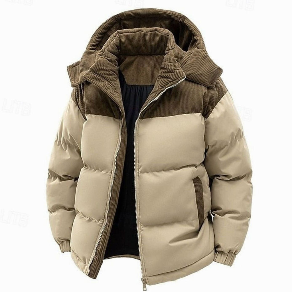 Women's Quilted Puffer Jacket with Hood Down Filling and Corduroy Trim