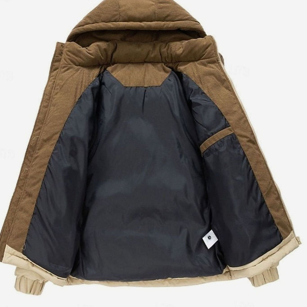 Women's Quilted Puffer Jacket with Hood Down Filling and Corduroy Trim