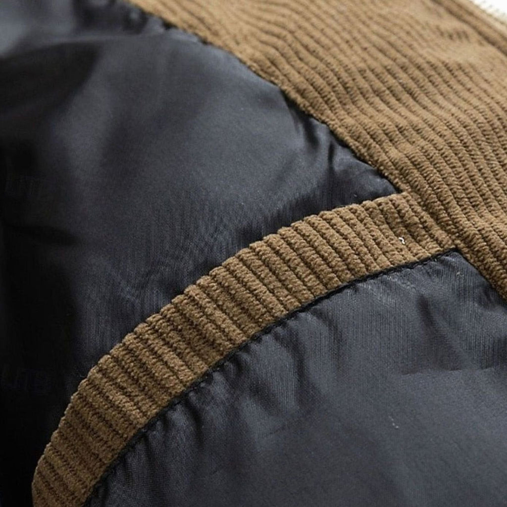 Women's Quilted Puffer Jacket with Hood Down Filling and Corduroy Trim