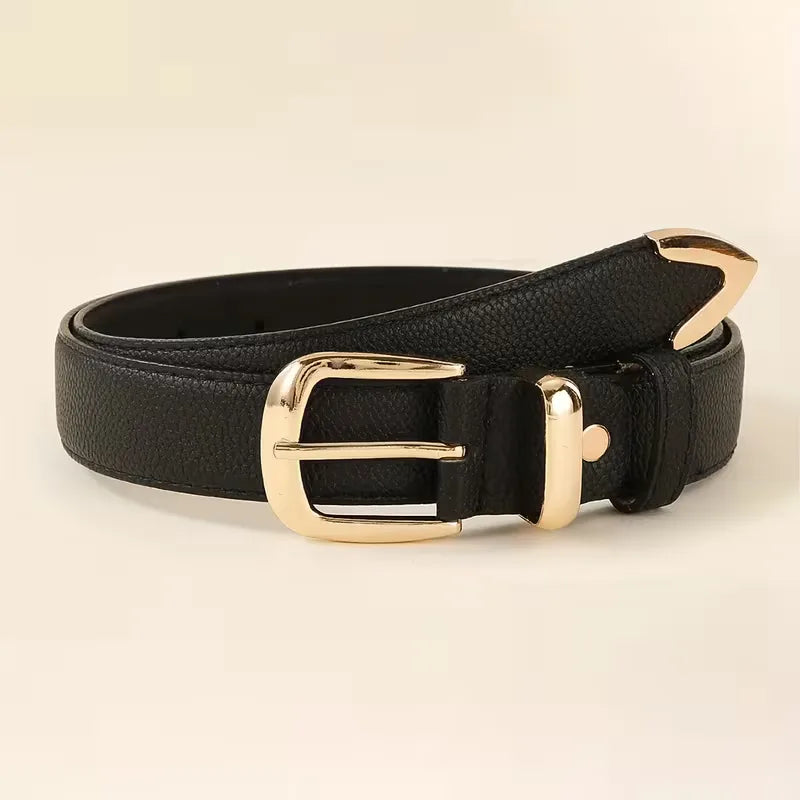 Women's Leather Belt with Gold-Tone Buckle and Lychee Texture